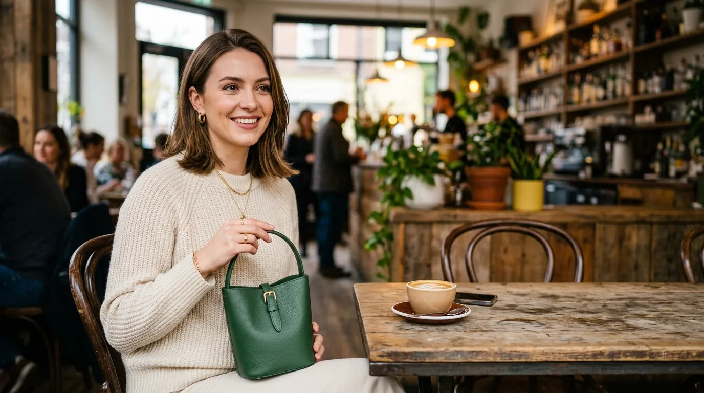 woman holding a petite bag in the caffe bar