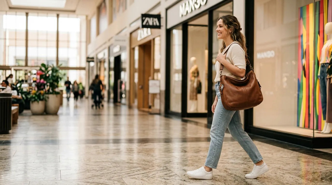 girl holding a hobo bag in the shopping mall