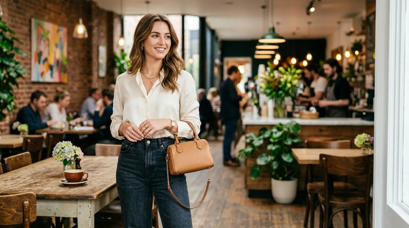 woman holding a petite bag in the caffe bar