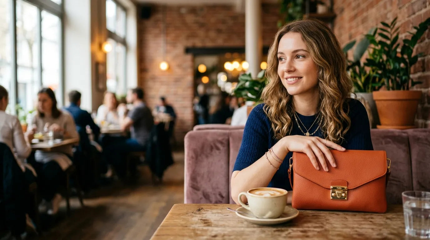 girl holding a clutch bag in the caffe bar
