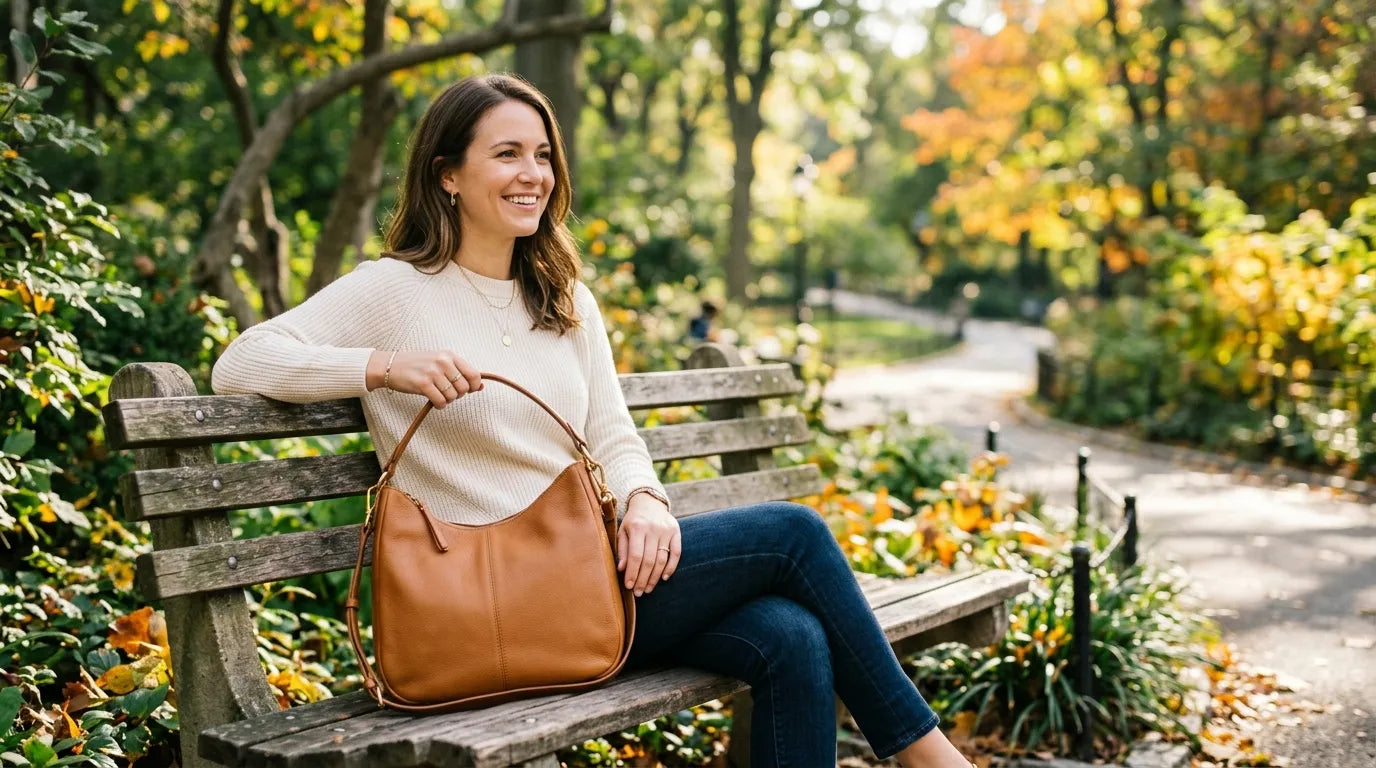 woman holding a hobo bag in the park