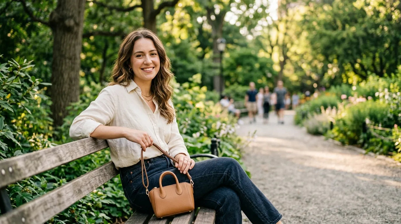 girl holding a petite bag in the park