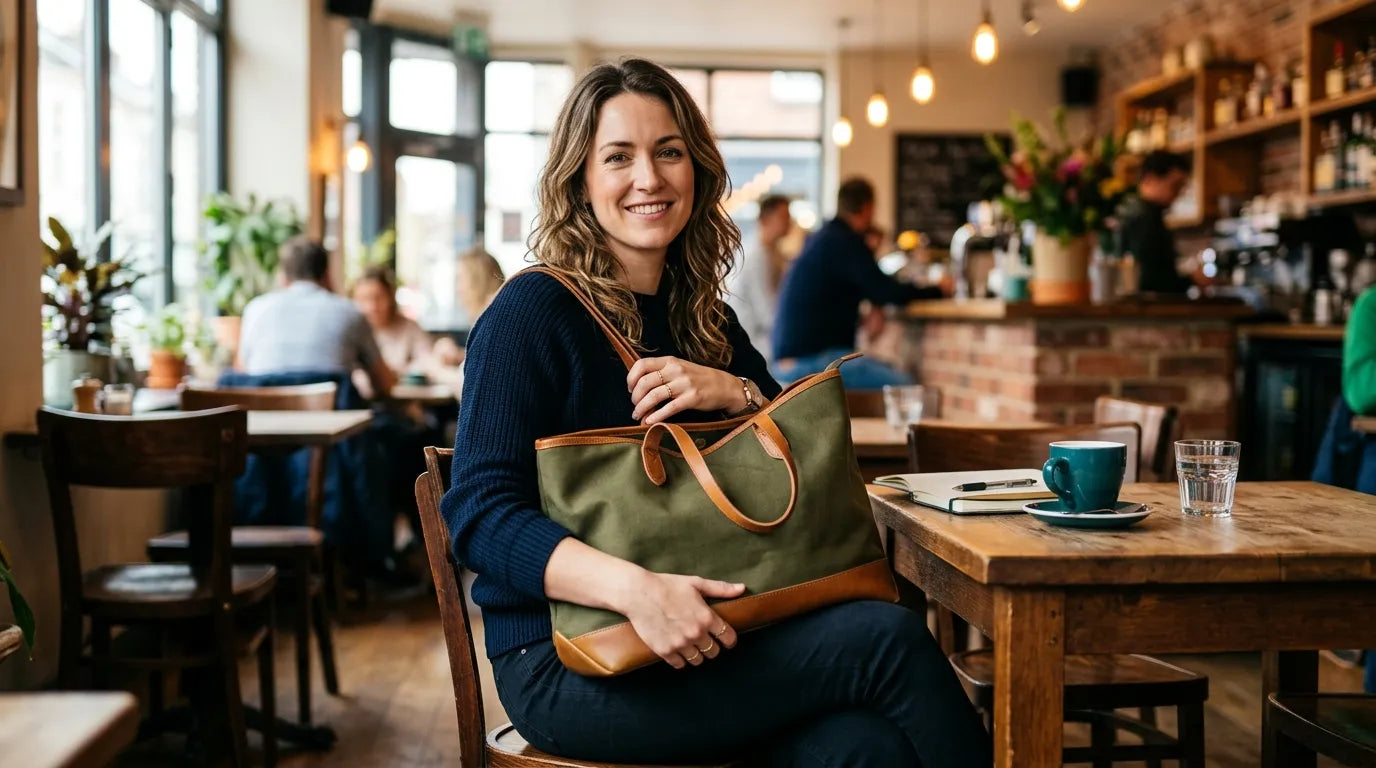 woman holding a carryall bag in the caffe bar