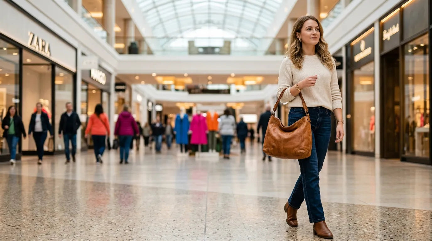 woman holding a hobo bag in the shopping mall
