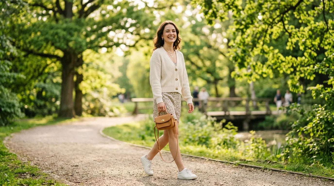 young woman holding a petite bag in the park