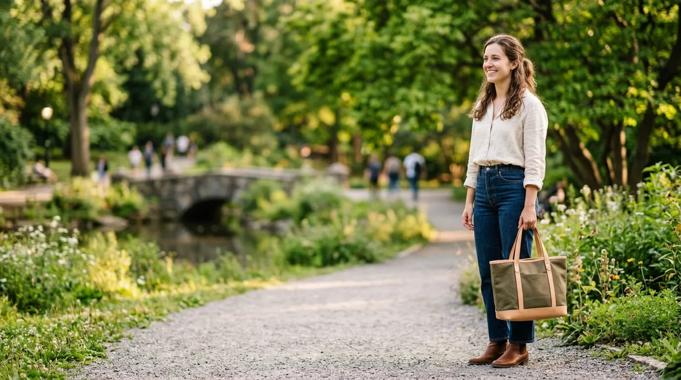 girl holding a carryall bag in the park