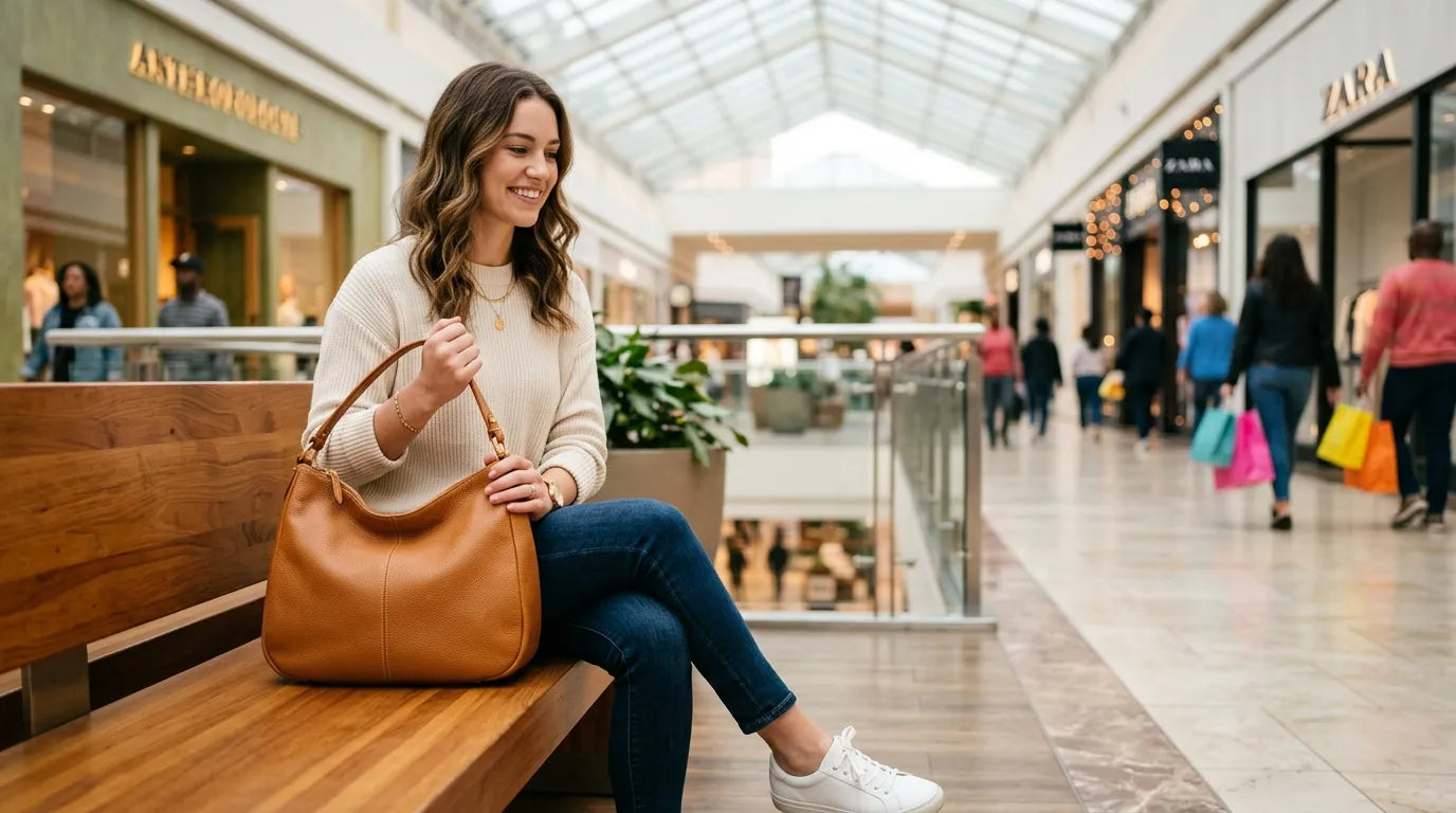 woman holding a hobo bag in the shopping mall