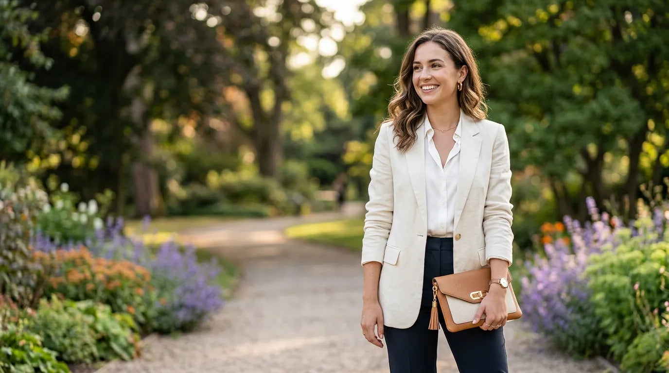 woman holding a clutch bag in the park