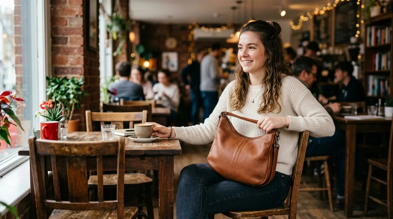 young woman holding a hobo bag in the caffe bar