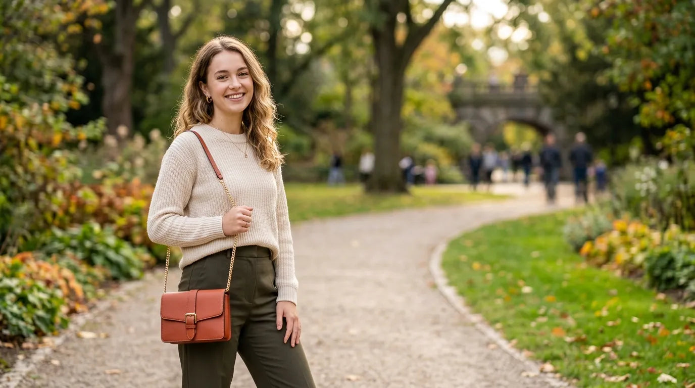 girl holding a petite bag in the park