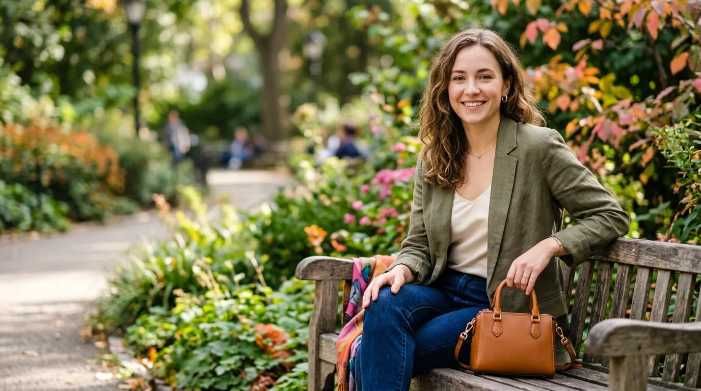 young woman holding a petite bag in the park
