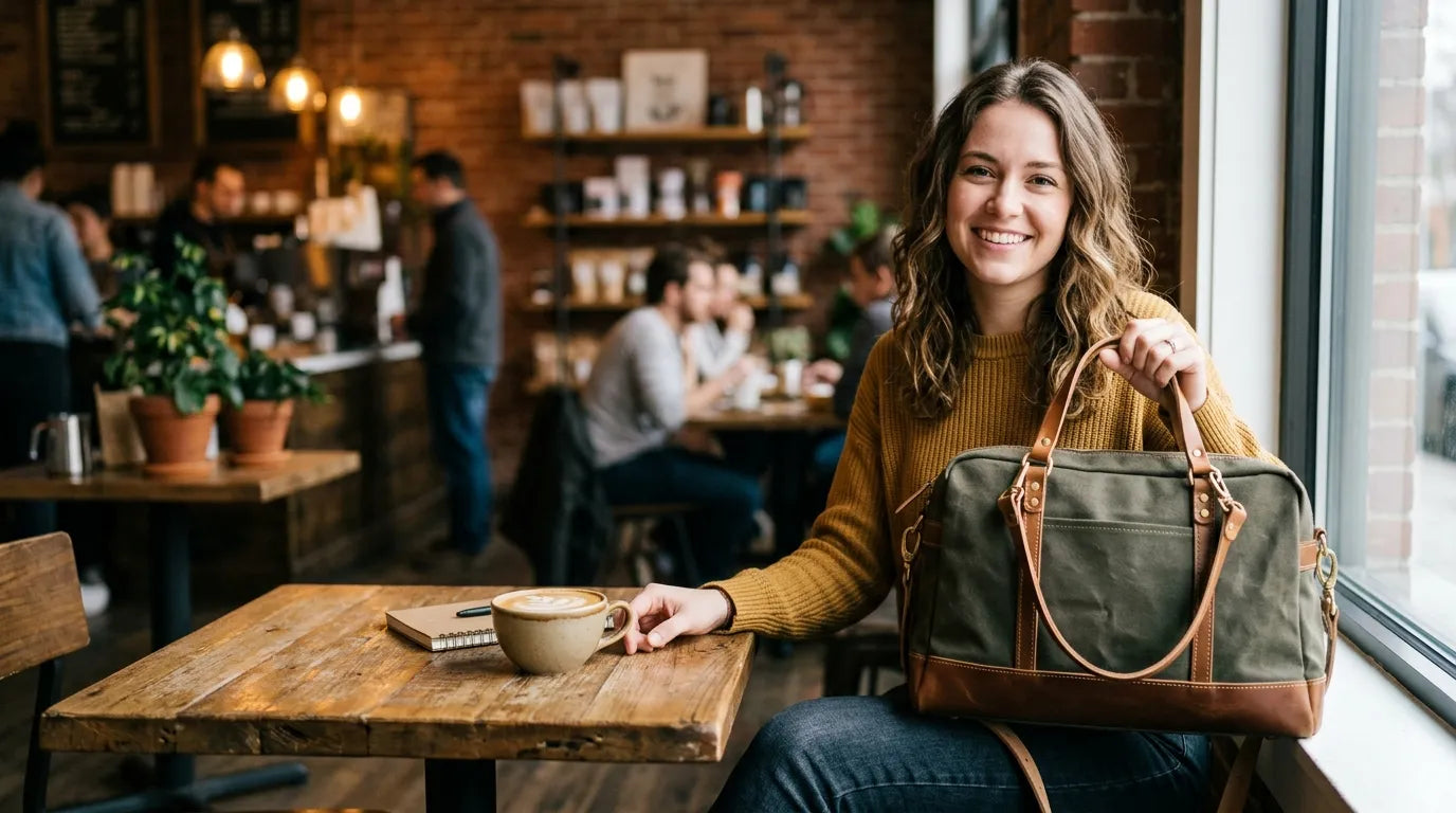 young woman holding a carryall bag in the caffe bar