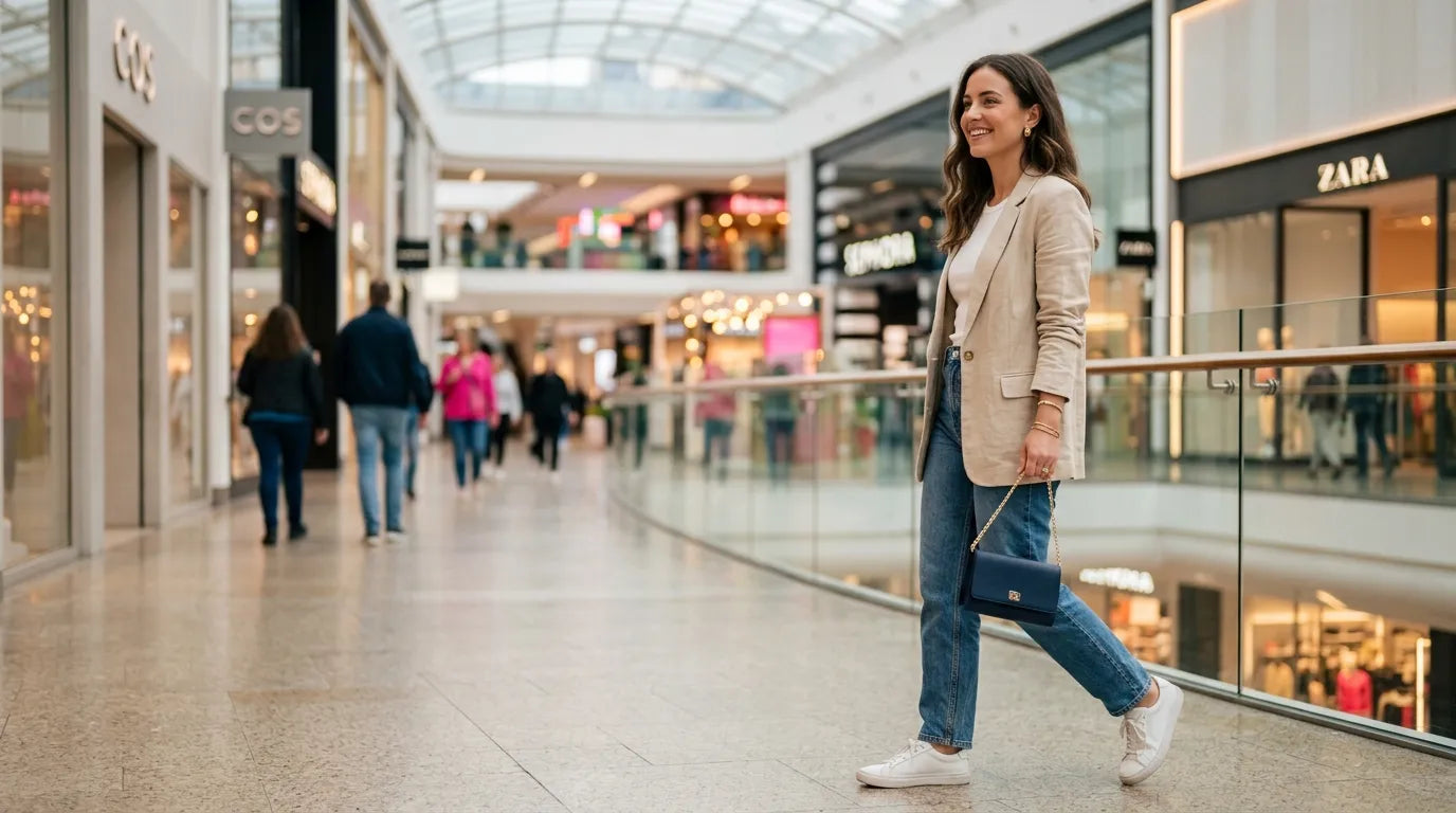 young woman holding a clutch bag in the shopping mall