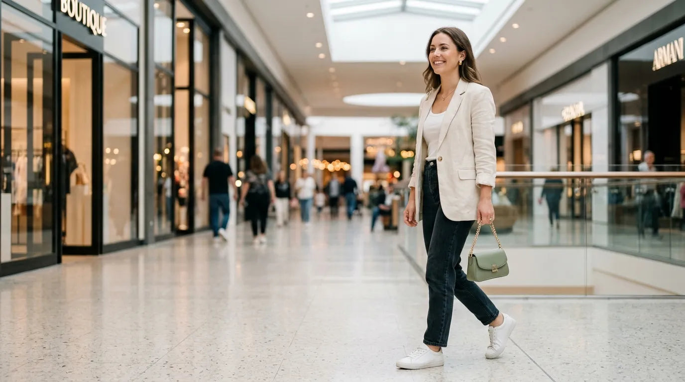young woman holding a petite bag in the shopping mall