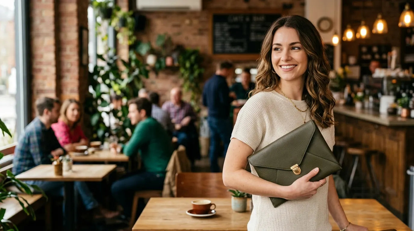 girl holding a clutch bag in the caffe bar