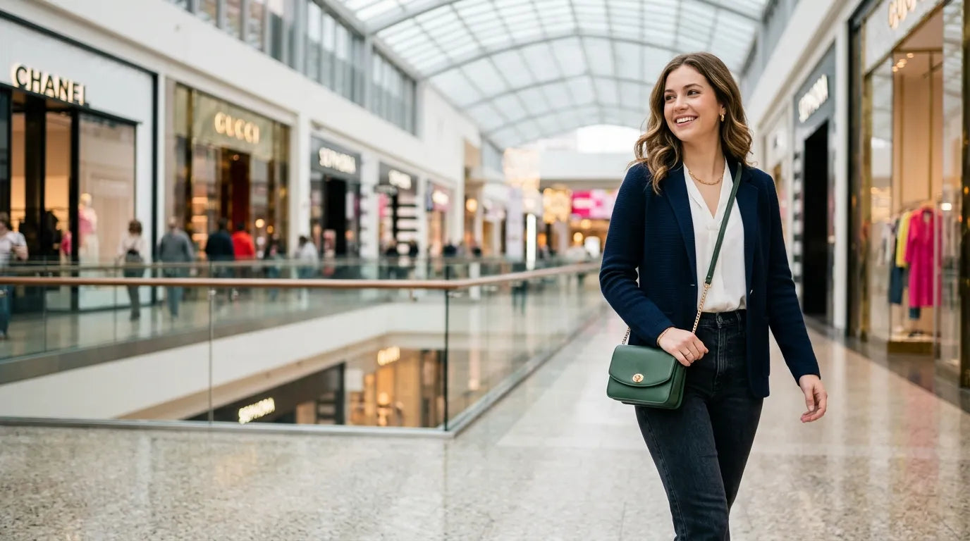 girl holding a petite bag in the shopping mall