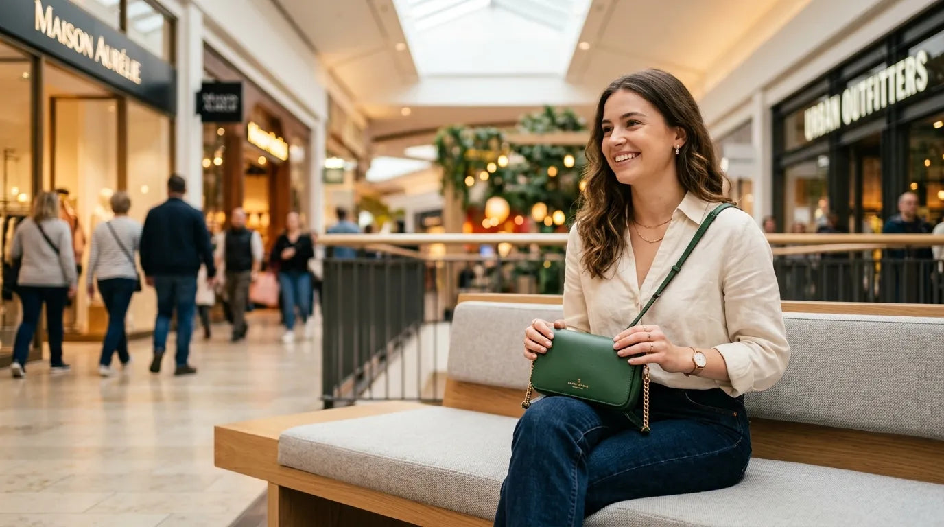 young woman holding a petite bag in the shopping mall