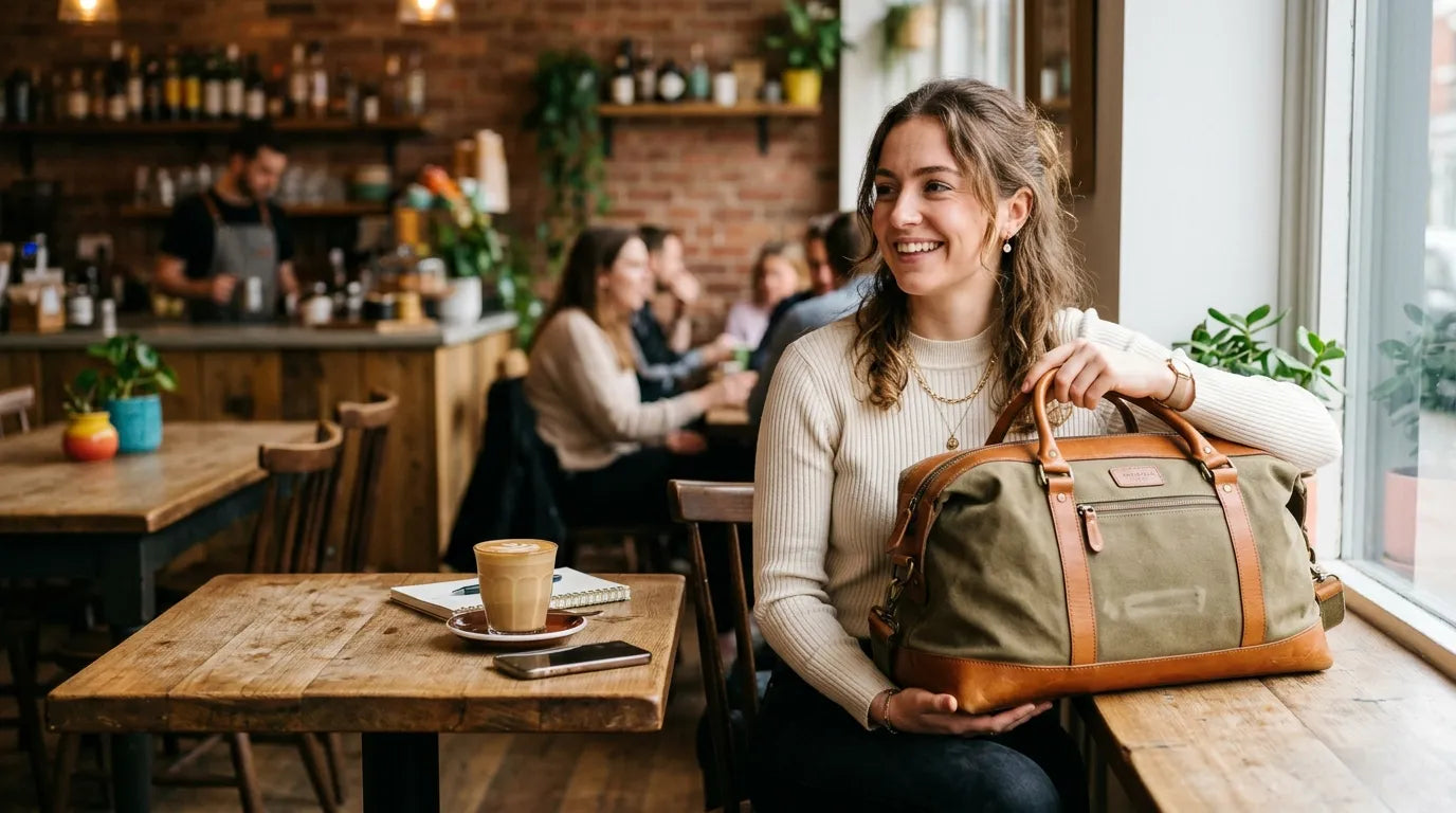 young woman holding a carryall bag in the caffe bar