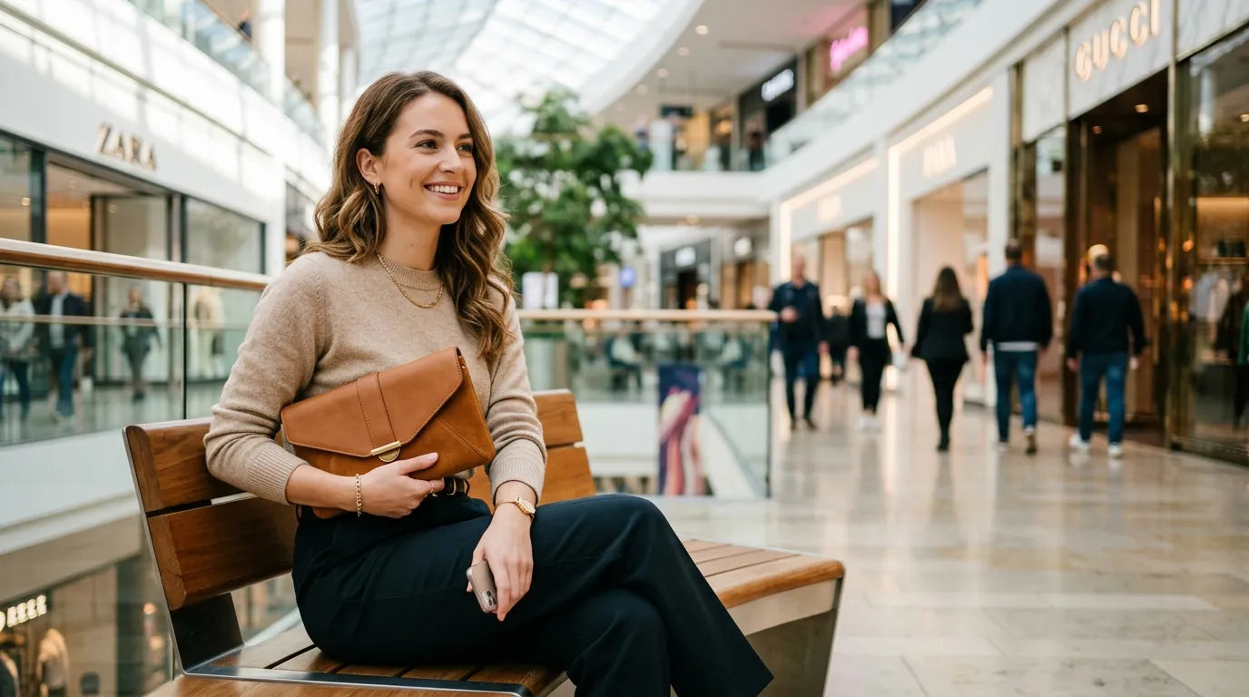 young woman holding a clutch bag in the shopping mall