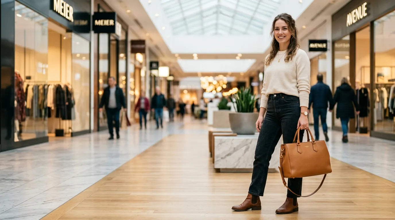 woman holding a carryall bag in the shopping mall