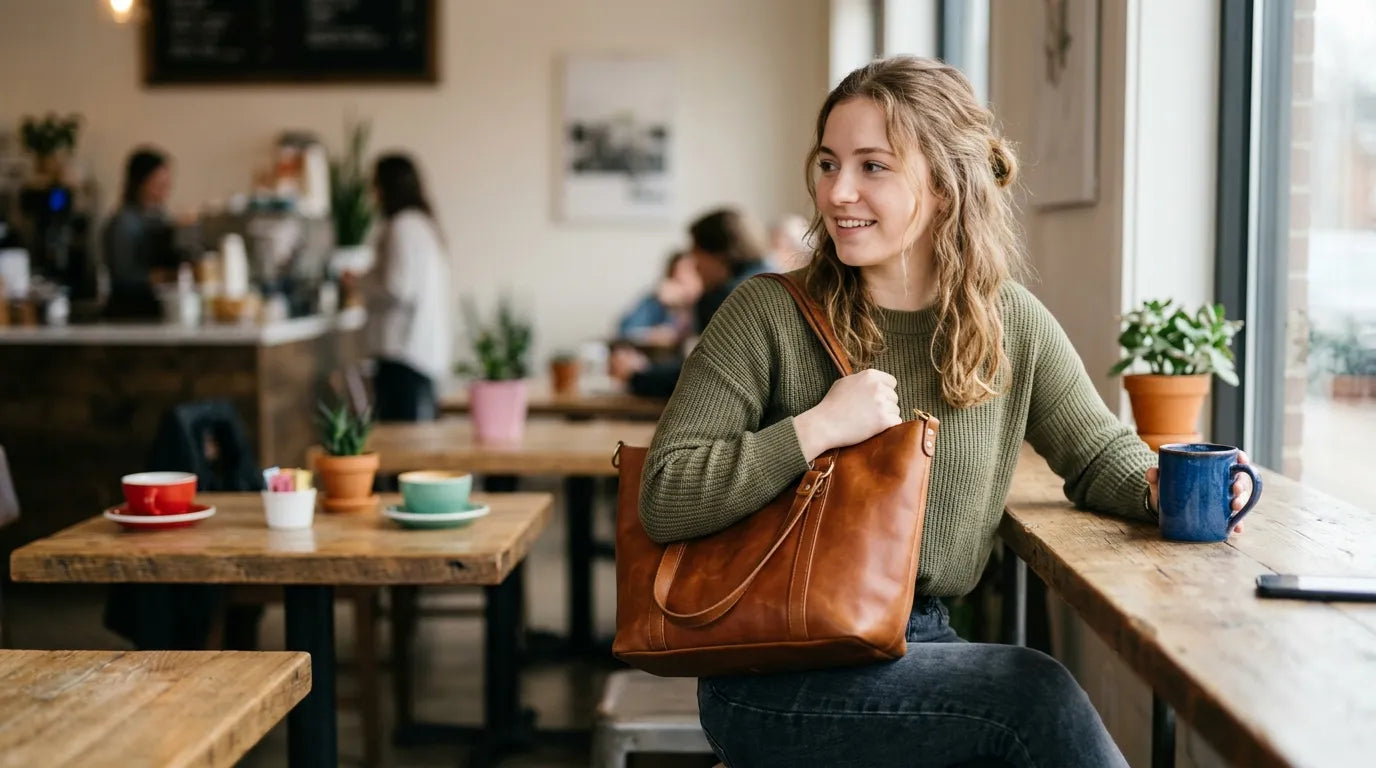 girl holding a carryall bag in the caffe bar