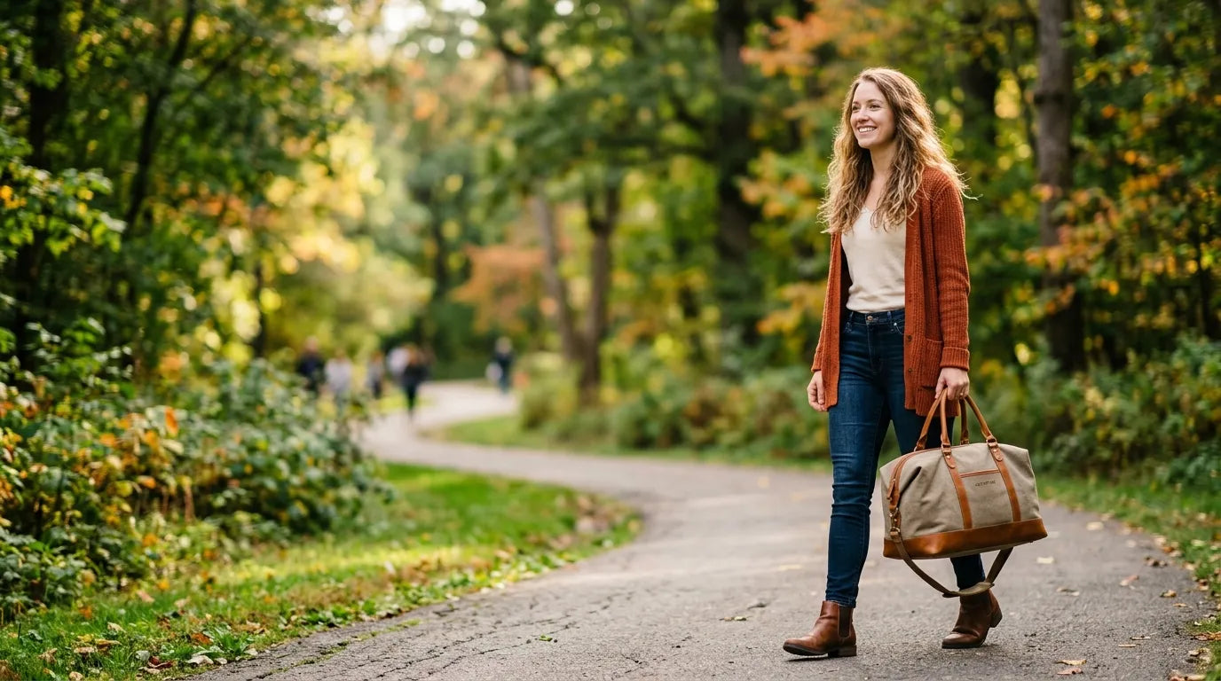 young woman holding a carryall bag in the park