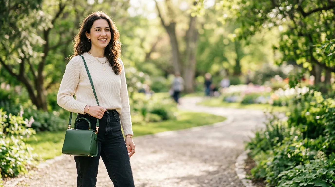 woman holding a petite bag in the park