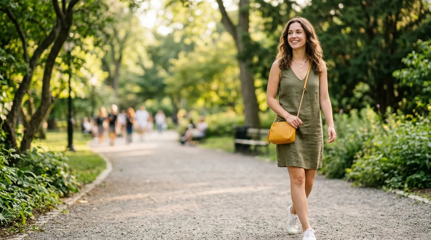 girl holding a petite bag in the park