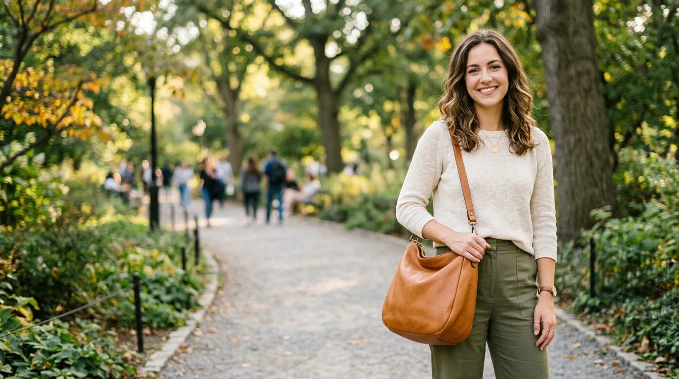 young woman holding a hobo bag in the park