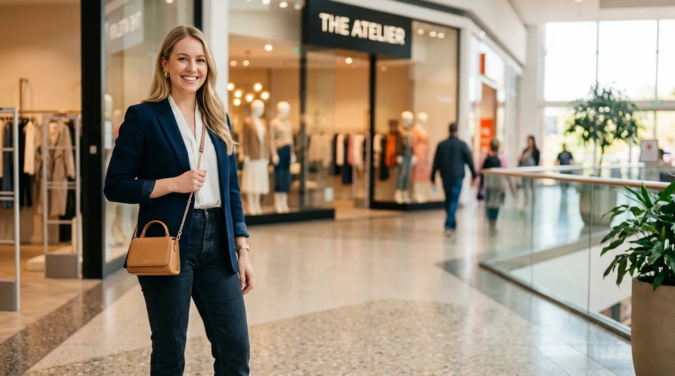 young woman holding a petite bag in the shopping mall
