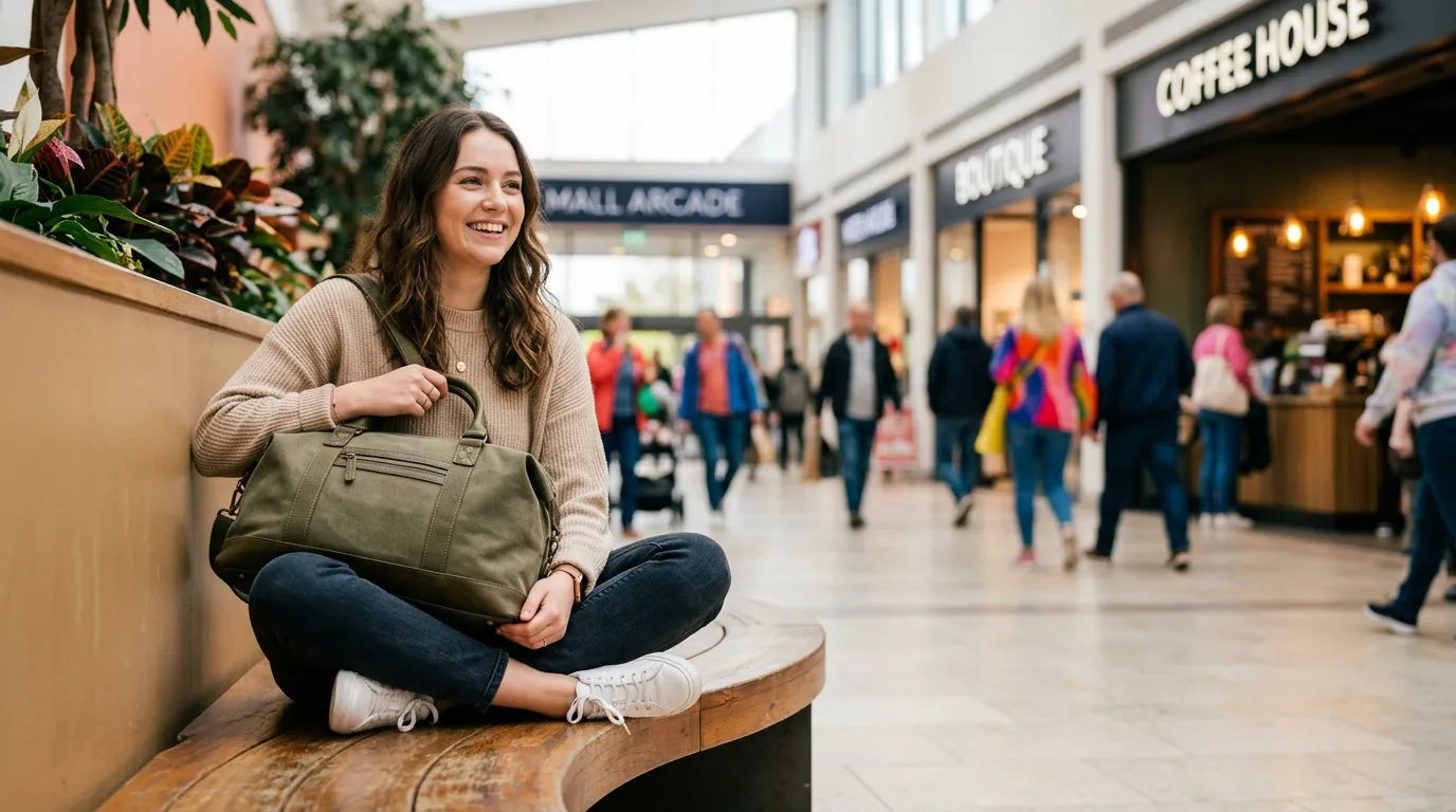 young woman holding a carryall bag in the shopping mall