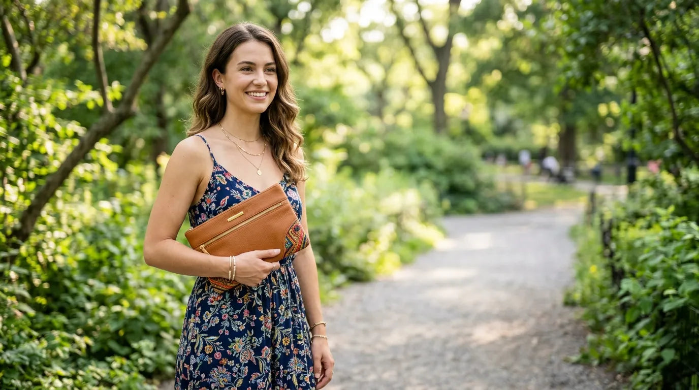 young woman holding a clutch bag in the park