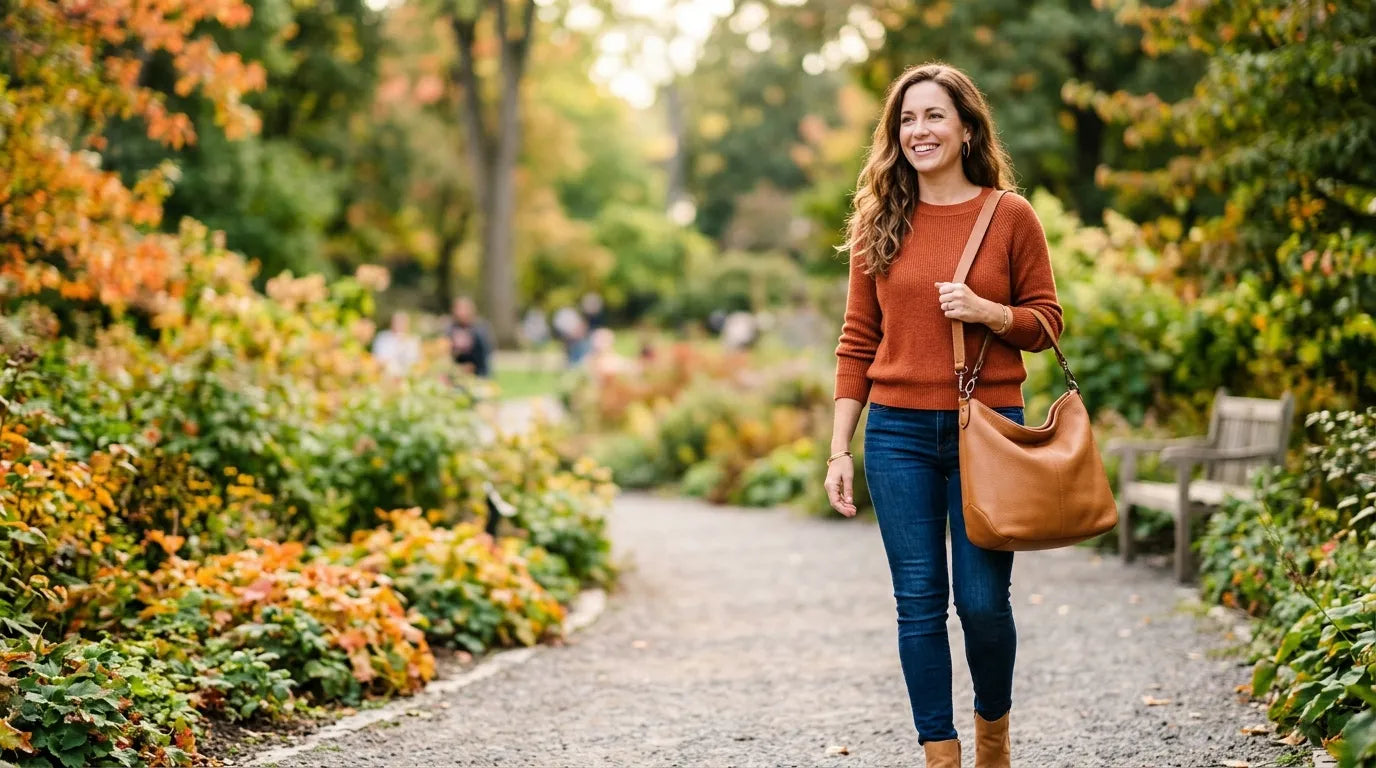 woman holding a hobo bag in the park