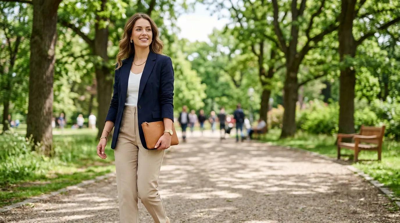 woman holding a clutch bag in the park