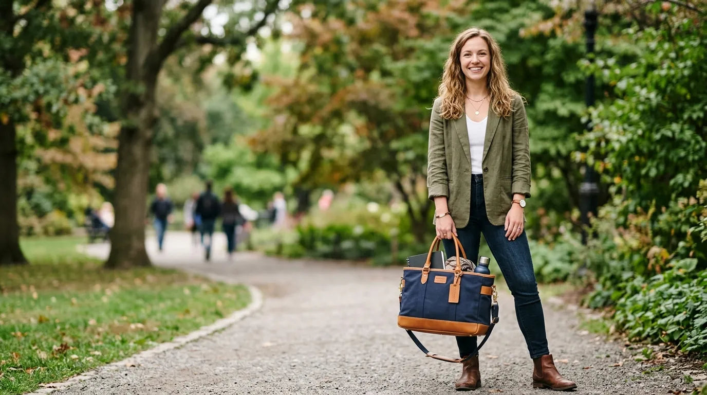 young woman holding a carryall bag in the park