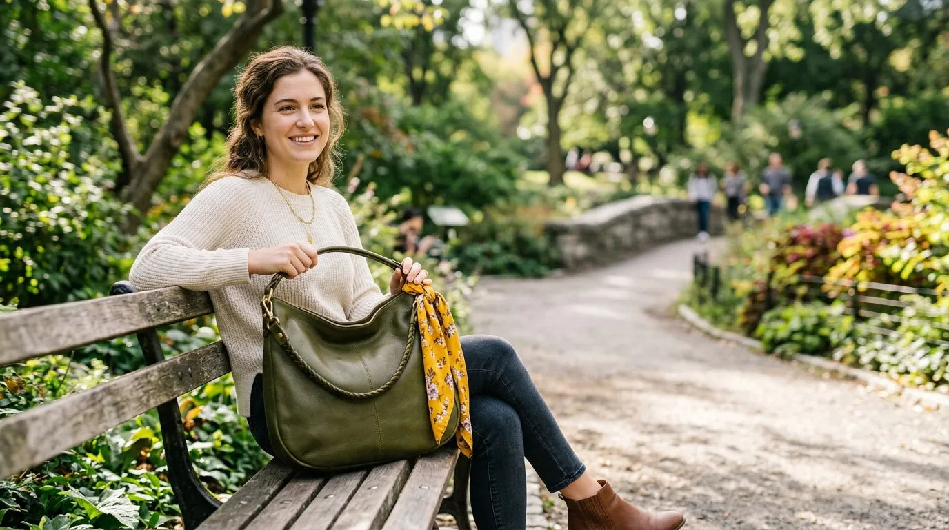 young woman holding a hobo bag in the park