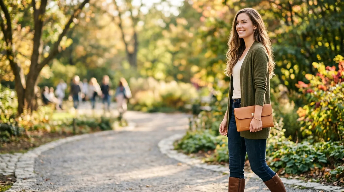 girl holding a clutch bag in the park